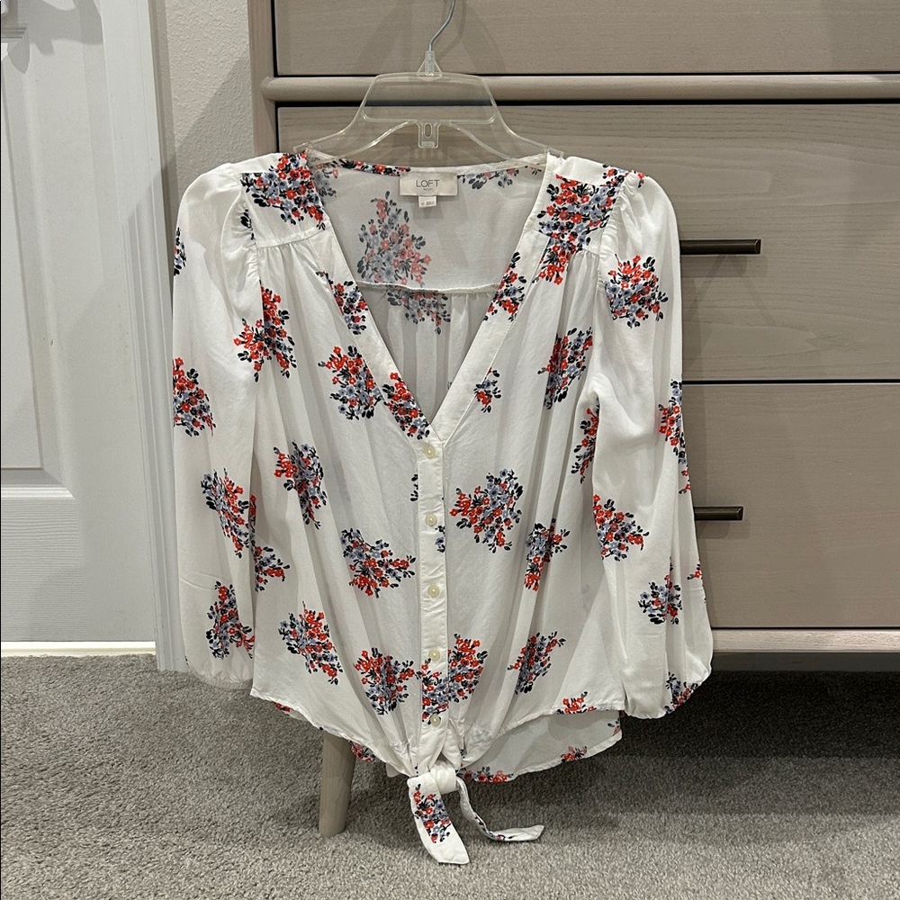 LOFT White Floral Tie-Front Blouse